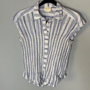 Maeve Anthro blue white smocked button shirt xs